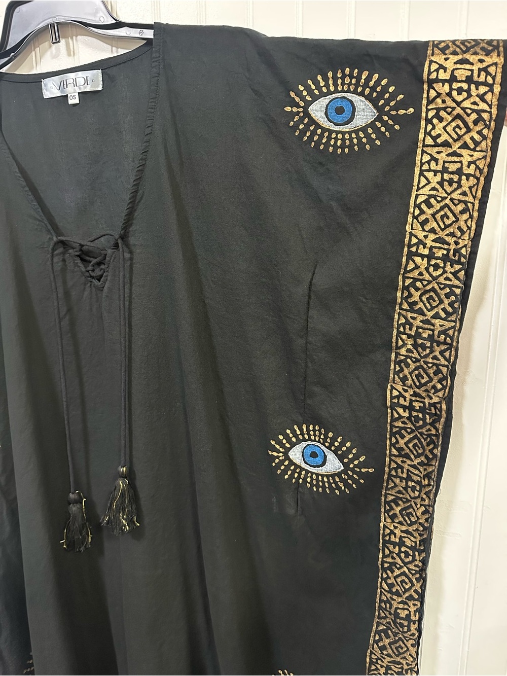 Black Evil Eye Gold Accent Kaftan Boho Coastal Luxe Mediterranean Cotton Coverup - Picture 9 of 12
